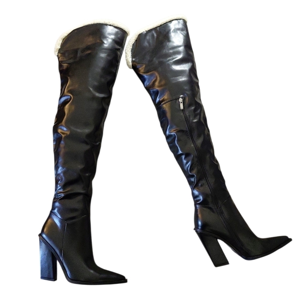 NEW PrettyLittleThing Fur Lined Black Over the Knee Boot Thigh Highs Sz 5